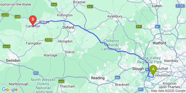 Map: London Heathrow Airport (LHR) to Carterton