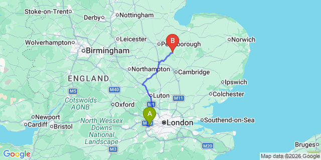 Map: London Heathrow Airport (LHR) to Chatteris