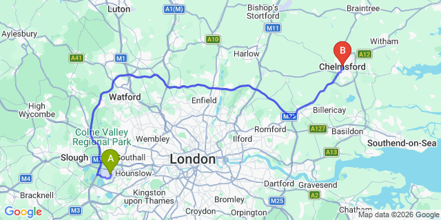 Map: London Heathrow Airport (LHR) to Chelmsford