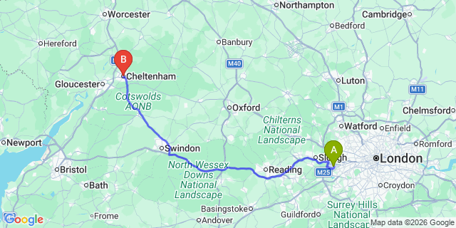 Map: London Heathrow Airport (LHR) to Cheltenham