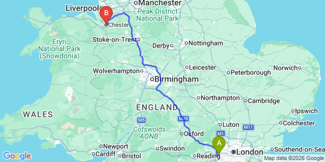 Map: London Heathrow Airport (LHR) to Chester
