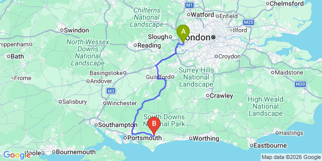 Map: London Heathrow Airport (LHR) to Chichester