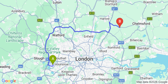 Map: London Heathrow Airport (LHR) to Chipping Ongar