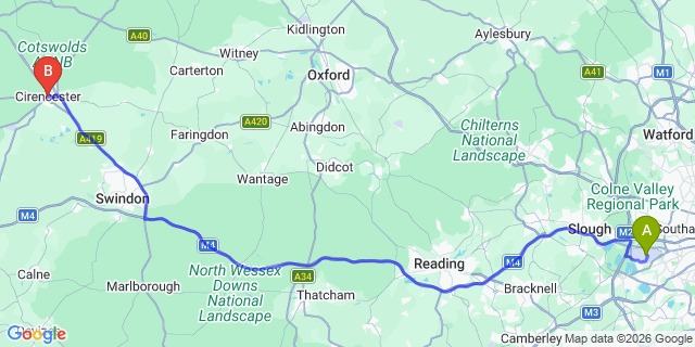 Map: London Heathrow Airport (LHR) to Cirencester