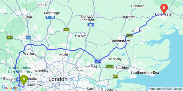 Map: London Heathrow Airport (LHR) to Colchester