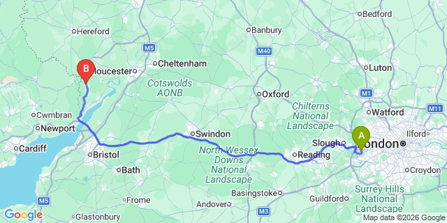 Map: London Heathrow Airport (LHR) to Coleford