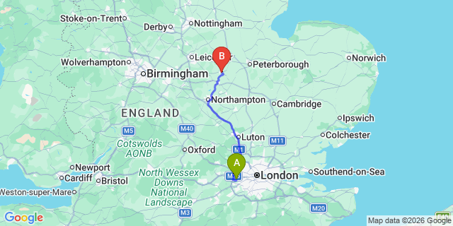 Map: London Heathrow Airport (LHR) to Corby
