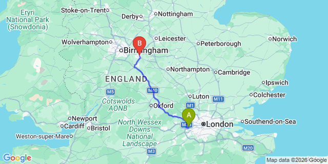 Map: London Heathrow Airport (LHR) to Coventry