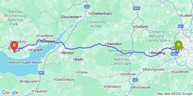 Map: London Heathrow Airport (LHR) to Cowbridge