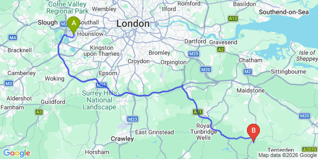Map: London Heathrow Airport (LHR) to Cranbrook