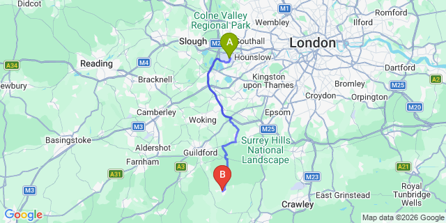 Map: London Heathrow Airport (LHR) to Cranleigh