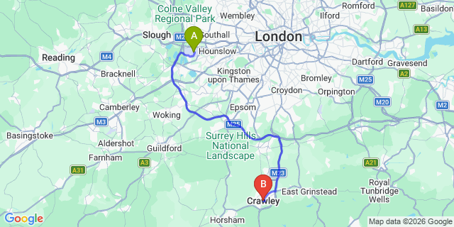 Map: London Heathrow Airport (LHR) to Crawley