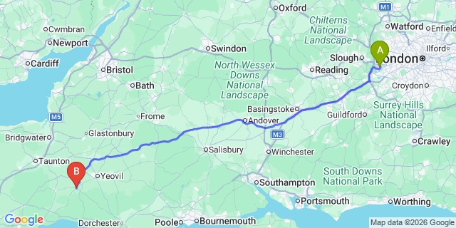 Map: London Heathrow Airport (LHR) to Crewkerne