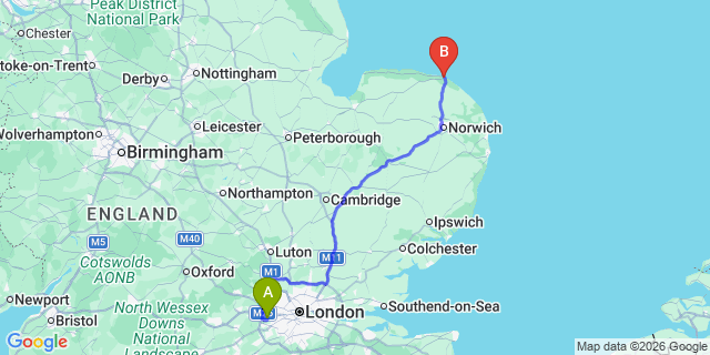 Map: London Heathrow Airport (LHR) to Cromer