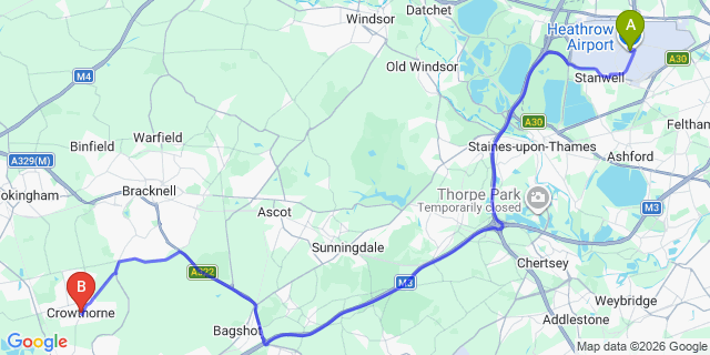 Map: London Heathrow Airport (LHR) to Crowthorne