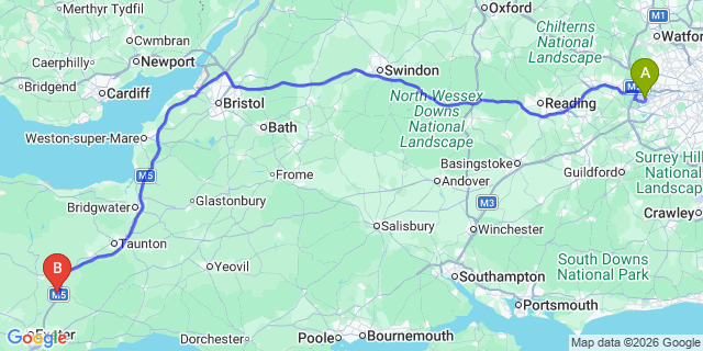 Map: London Heathrow Airport (LHR) to Cullompton