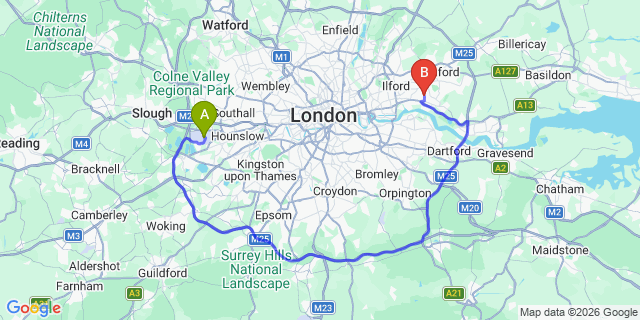Map: London Heathrow Airport (LHR) to Dagenham