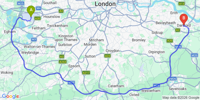 Map: London Heathrow Airport (LHR) to Dartford