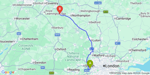 Map: London Heathrow Airport (LHR) to Daventry