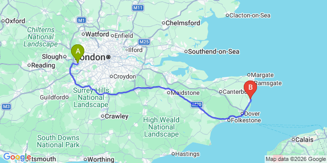 Map: London Heathrow Airport (LHR) to Deal
