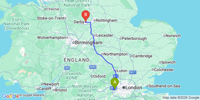 Map: London Heathrow Airport (LHR) to Derby