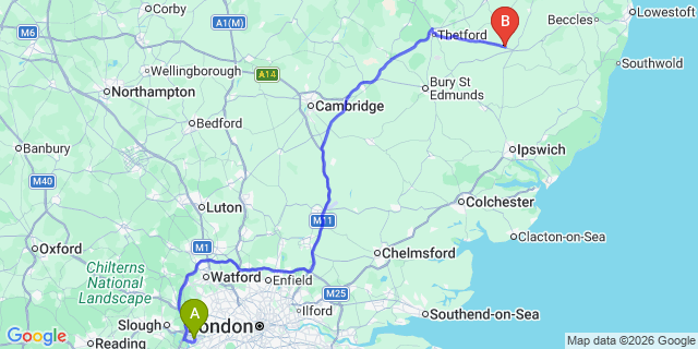 Map: London Heathrow Airport (LHR) to Diss