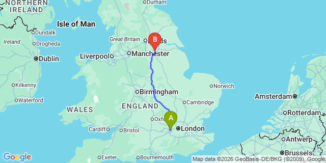 Map: London Heathrow Airport (LHR) to Doncaster