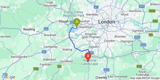 Map: London Heathrow Airport (LHR) to Dorking