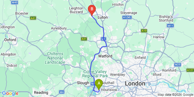 Map: London Heathrow Airport (LHR) to Dunstable