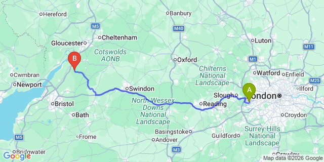 Map: London Heathrow Airport (LHR) to Dursley