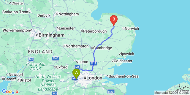 Map: London Heathrow Airport (LHR) to East Dereham