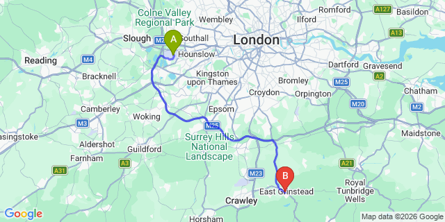 Map: London Heathrow Airport (LHR) to East Grinstead