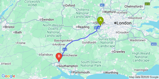 Map: London Heathrow Airport (LHR) to Eastleigh