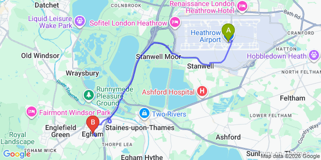 Map: London Heathrow Airport (LHR) to Egham