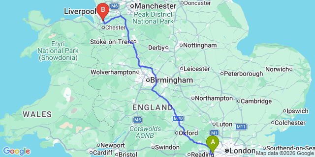 Map: London Heathrow Airport (LHR) to Ellesmere Port
