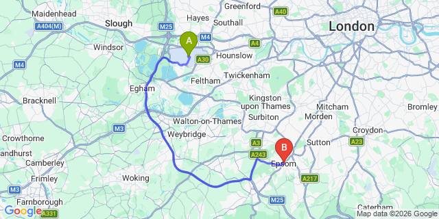 Map: London Heathrow Airport (LHR) to Epsom