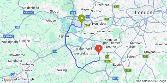 Map: London Heathrow Airport (LHR) to Esher