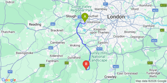 Map: London Heathrow Airport (LHR) to Ewhurst