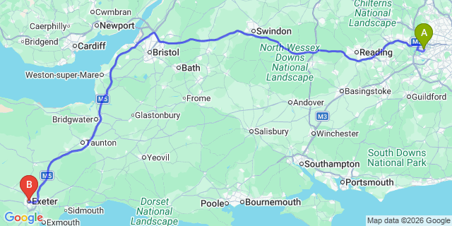 Map: London Heathrow Airport (LHR) to Exeter