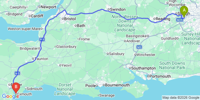 Map: London Heathrow Airport (LHR) to Exmouth