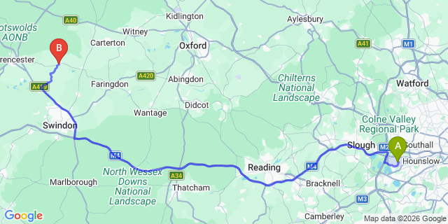 Map: London Heathrow Airport (LHR) to Fairford