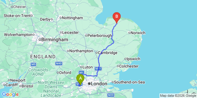 Map: London Heathrow Airport (LHR) to Fakenham