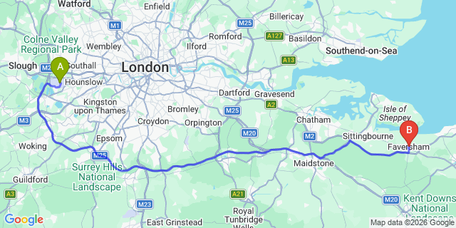 Map: London Heathrow Airport (LHR) to Faversham