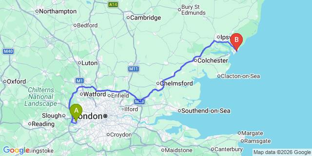 Map: London Heathrow Airport (LHR) to Felixtowe
