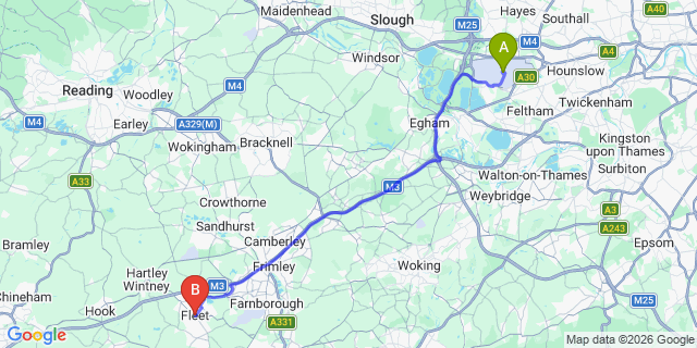 Map: London Heathrow Airport (LHR) to Fleet