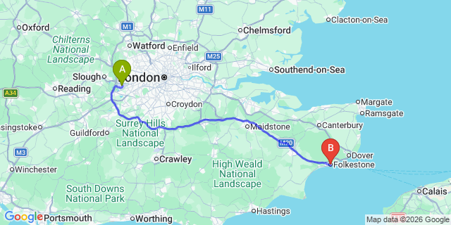 Map: London Heathrow Airport (LHR) to Folkestone