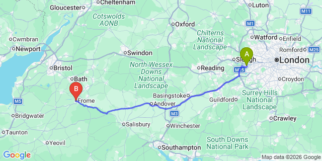 Map: London Heathrow Airport (LHR) to Frome