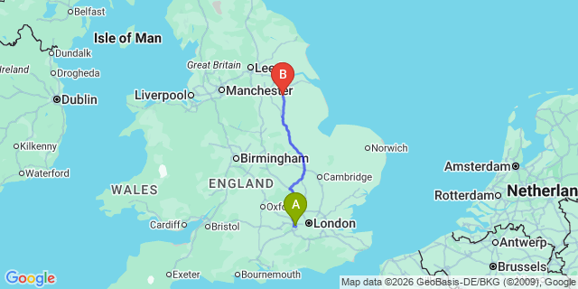 Map: London Heathrow Airport (LHR) to Gainsborough
