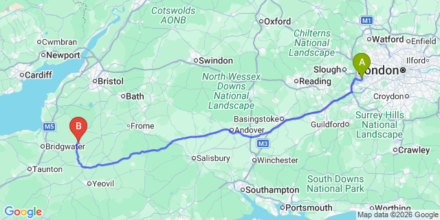 Map: London Heathrow Airport (LHR) to Glastonbury