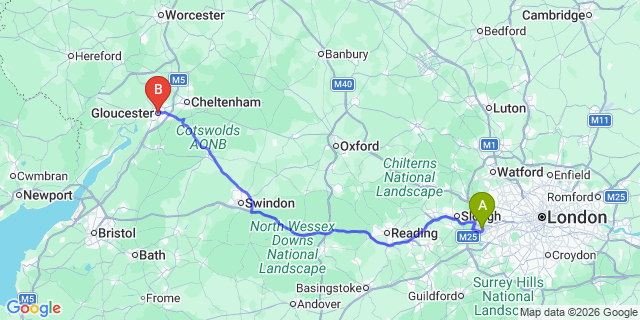 Map: London Heathrow Airport (LHR) to Gloucester